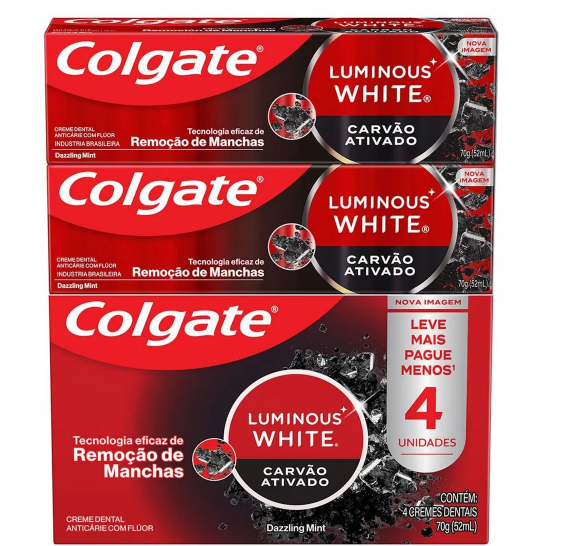 Creme Dental Colgate Luminous White Carvão Ativado Kit 4 Unidades 70g