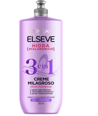 Elseve Hidra Hialurônico Creme Milagroso 3 em 1 com Ácido Hialurônico para Hidratação Intensa, Preenchimento dos Fios e Controle de Frizz, Uso Versátil 500ml